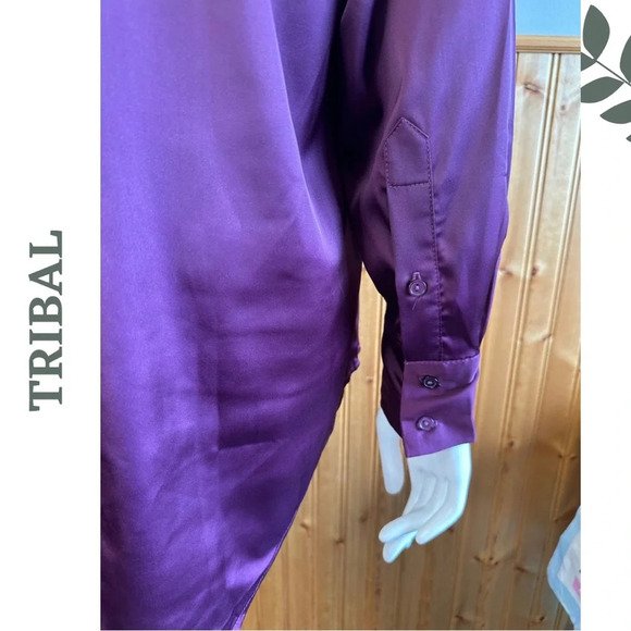 Tribal Black Orchid Long Sleeve Button Down  Satin Shirt Purple Collared - Picture 7 of 9